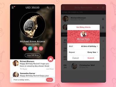 Design of a Birthday app birthday app design screens illustrations mobile app uiux