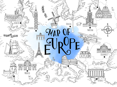 Map of Europe art black and white capitals europe hand drawn hand drawn illustration illustration ink landmarks map map design