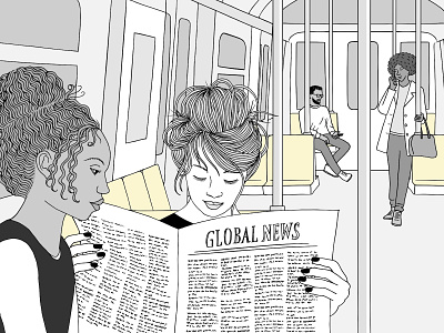 Underground art artistic commute drawing female hand drawn illustration ink newspaper people reading sitting subway underground women