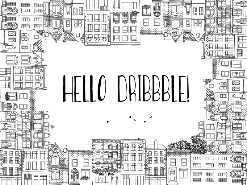 Hello Dribbble! animated birds debut flying gif hand drawn houses illustration ink pub victorian