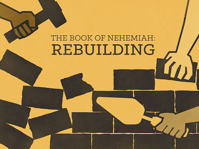 The Book of Nehemiah: Rebuilding bricks building flat illustration