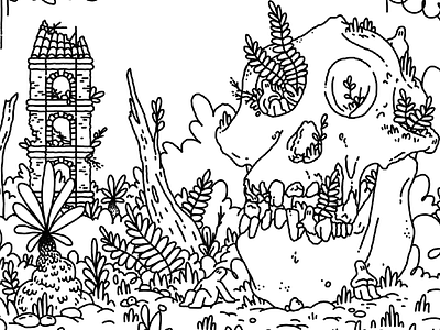 Skull Jungle bones character drawing illustration jungle linedrawing linework plants ruins skull tower