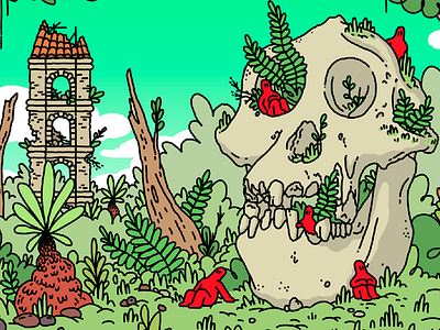Skull Jungle bones character drawing illustration jungle plants red ruins skull tower