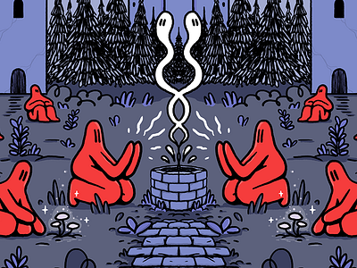 Symmetrical Journey I drawing ghosts guys illustration mushrooms photoshop purple red symmetrical symmetry trees well