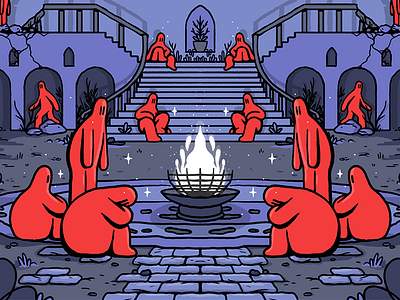 Symmetrical Journey II castle drawing fire ghosts illustration photoshop purple red stairs symmetrical symmetry