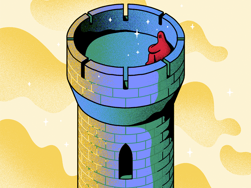 Tower clouds red green texture yellow blue bricks tower castle photoshop illustration drawing