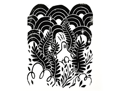 Linocut Print black bushes character illustration leaf lino linocut plants print printmaking white