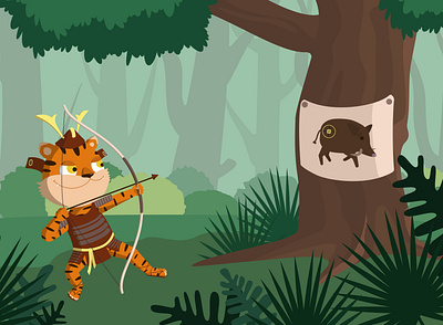 Tiger in the jungle ai boar chsrscter hunt illustration jungl leaves samurai tiger vector
