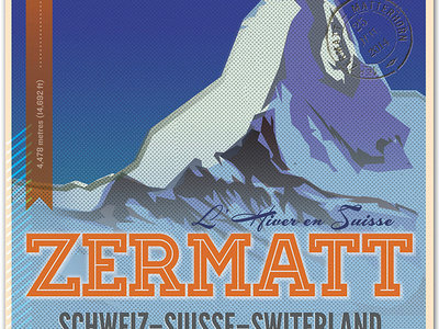 L' Hiver En Suisse (Winter in Switzerland) Poster (detail) blue dot europe illustration illustrator matterhorn mountain mountains pattern photoshop sketch stamp switzerland texture travel winter zermatt