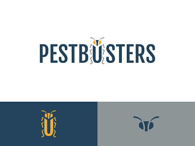 Pestbusters blue branding bug cockroach control ghostbusters grey icon identity insect logo mascot minimalistic pest pestbusters symbol yellow