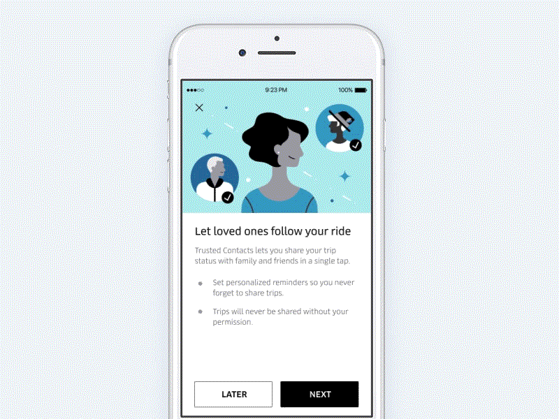 Trusted Contacts Setup mobile ui onboarding share trip trusted contact uber uber design ui ux