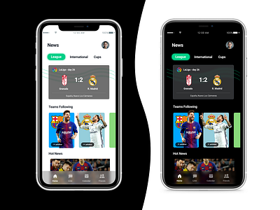 Football app adobe xd app app design concept dark dark app dark mode dark ui design designs football football app interface light soccer app sport ui ux web design