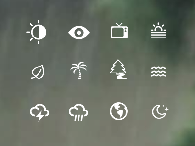 Icons for "Relaxing Atmosphere" on Teads.tv ambiance cloud commercial eye forest icon picto rain river shooting star sunshine tv