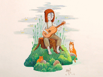 cat's shepherd cats gouache green guitar hat illustration mist nature