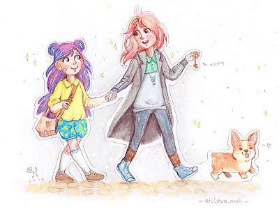 Girls and puppy anime art girl kawaii puppy traditional art water color