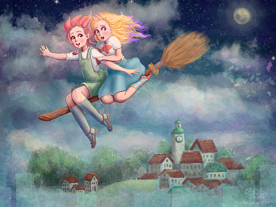 girls in night art cute digital art girl illustration magic painting