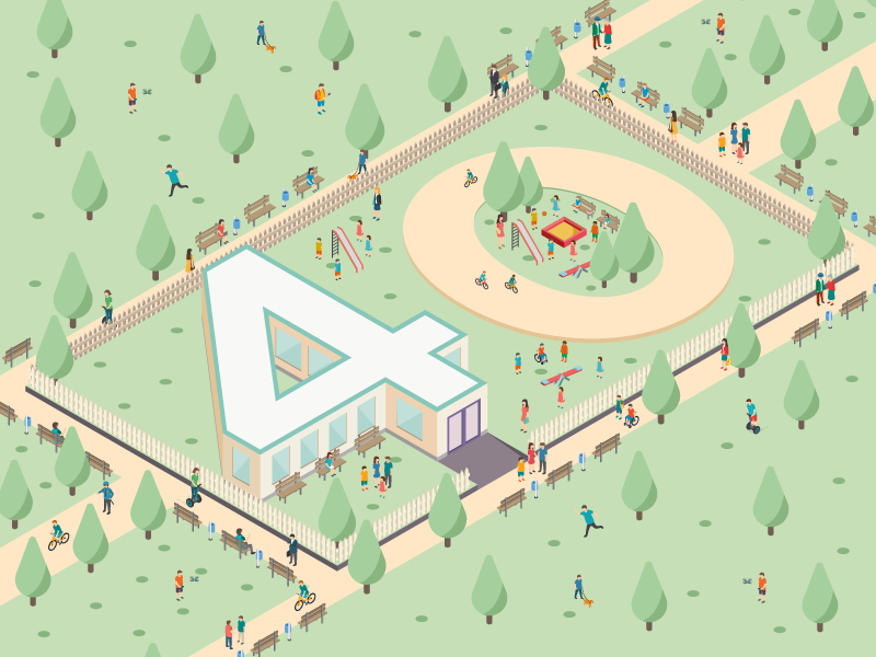 40th anniversary playground kids person people flat tree nature numer isometric