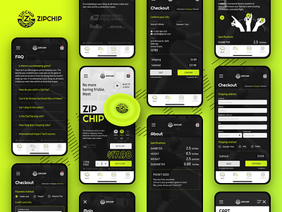 Zipchip mobile screens about card cartoon checkout dark design faq green interactive menu mobile neon screens shipping sports toy ui uiux web webdesign