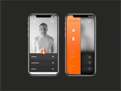 Fitness app profile screen and side bar