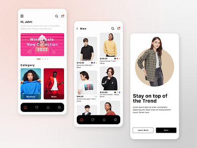 Clothing Brand Mobile App android apparel boutique branding clothing e-commerce e-shop fashion figma ios mens clothing mobile app mobile ui model online shopping shopping style trendy ui ux womens clothing