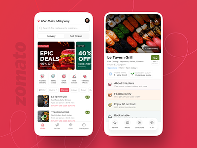 Zomato app app card clean design system food food delivery iphone red restaurant sushi zomato