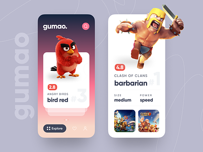 gumao - game character collector angry bird app card daily game iphone minimal mobile ui ux
