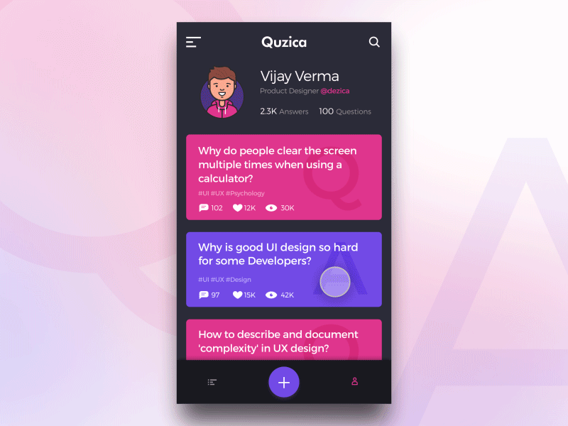 Quzica - Question/Answer UI Concept aftereffect android animation answer app dailyui gif minimal mobile question ui ux