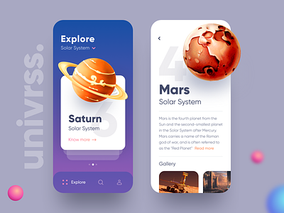 Explore Universe App UI app cards clean daily design earth explore flat glaxey ios mars minimal planet saturn solar solar system space swipe ui ux