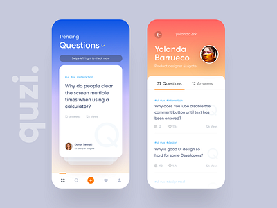 Quzi - Question Answer App Ui answer app card clean design gradient ios question swipe ui ux