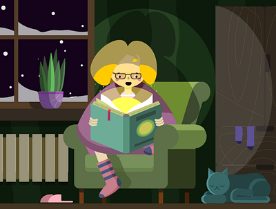 Magical world book character character illustration cozy flatdesign girls illustration nighttime reading winter