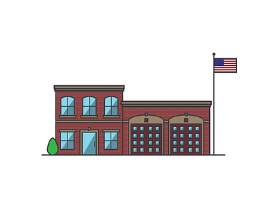 Fire Station building drawing fire fire station firehouse flag garage illustration line tree vector