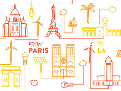 From Paris to LA buildings clouds illustration light line art orange red renewable energy solar energy yellow