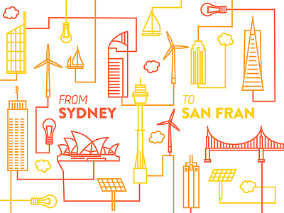 From Sydney to San Fran cities connect line orange pattern red renewable san francisco solar energy sydney vector yellow