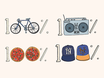 100% NY baseball bikes boombox handdrawn illustration new york city pizza