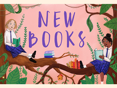 New Books Alert! books girls green library painting pink school tree