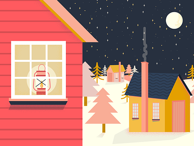 Danish Winter cabin design houses hygge illustration lamp pink red snow trees vector winter