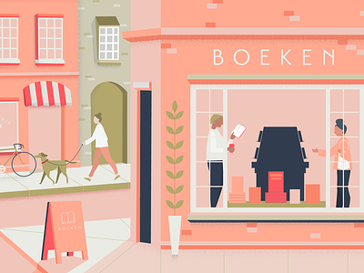 Oud-West airbnb amsterdam bakery boeken bookshop city dog peach pink town vector