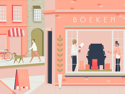 Oud-West airbnb amsterdam bakery boeken bookshop city dog peach pink town vector