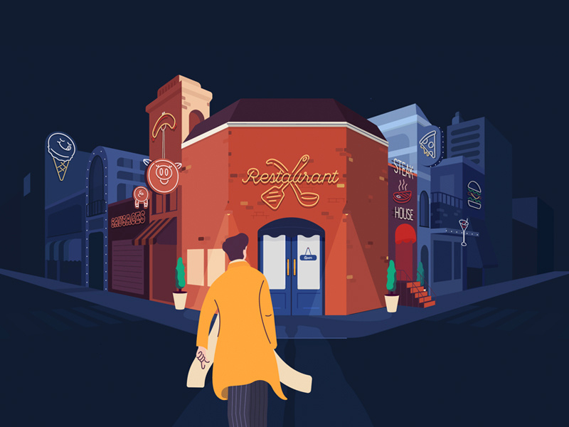 a suspicious resturant neon pig broadcast tv styleframe restaurant motiongraphic illustration illustrate