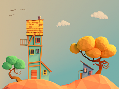 Hill House 3d 3d art 3d design 3d illustration blender colorful colors cute hill house illustration low poly lowpoly trees