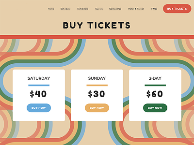 Tickets Webpage background graphics cta pill buttons purchase rainbow tickets ui web design website