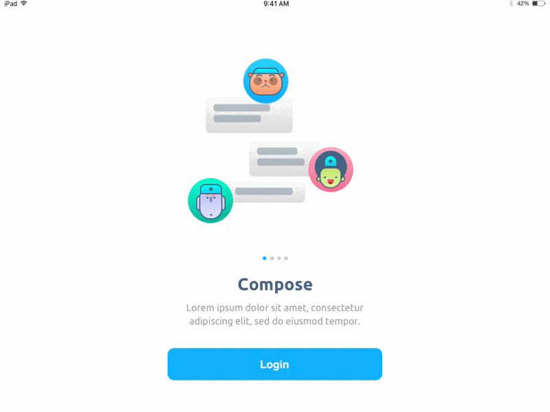 Onboarding - Compose, Organise, Share avatars compose ipad landscape login organise principle share welcome page