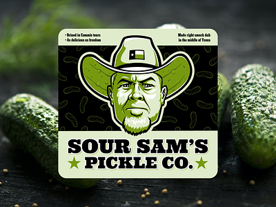 Sour Sam's Pickle Co. brand character cowboy hat food illustration label logo pickle pickles vector
