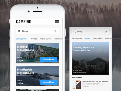 Camping Federated Search articles campgrounds camping filter listings outdoors search ui ux