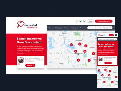 Responsive design Droomstad big hero clean dark design desktop dreams home map mobile personal quick search red redesign responsive webdesign white wishes