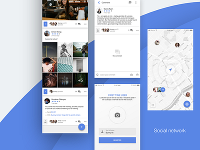 Social network mobile app - Timeline blue comment google mapview photo point post register timeline upload user vietnam