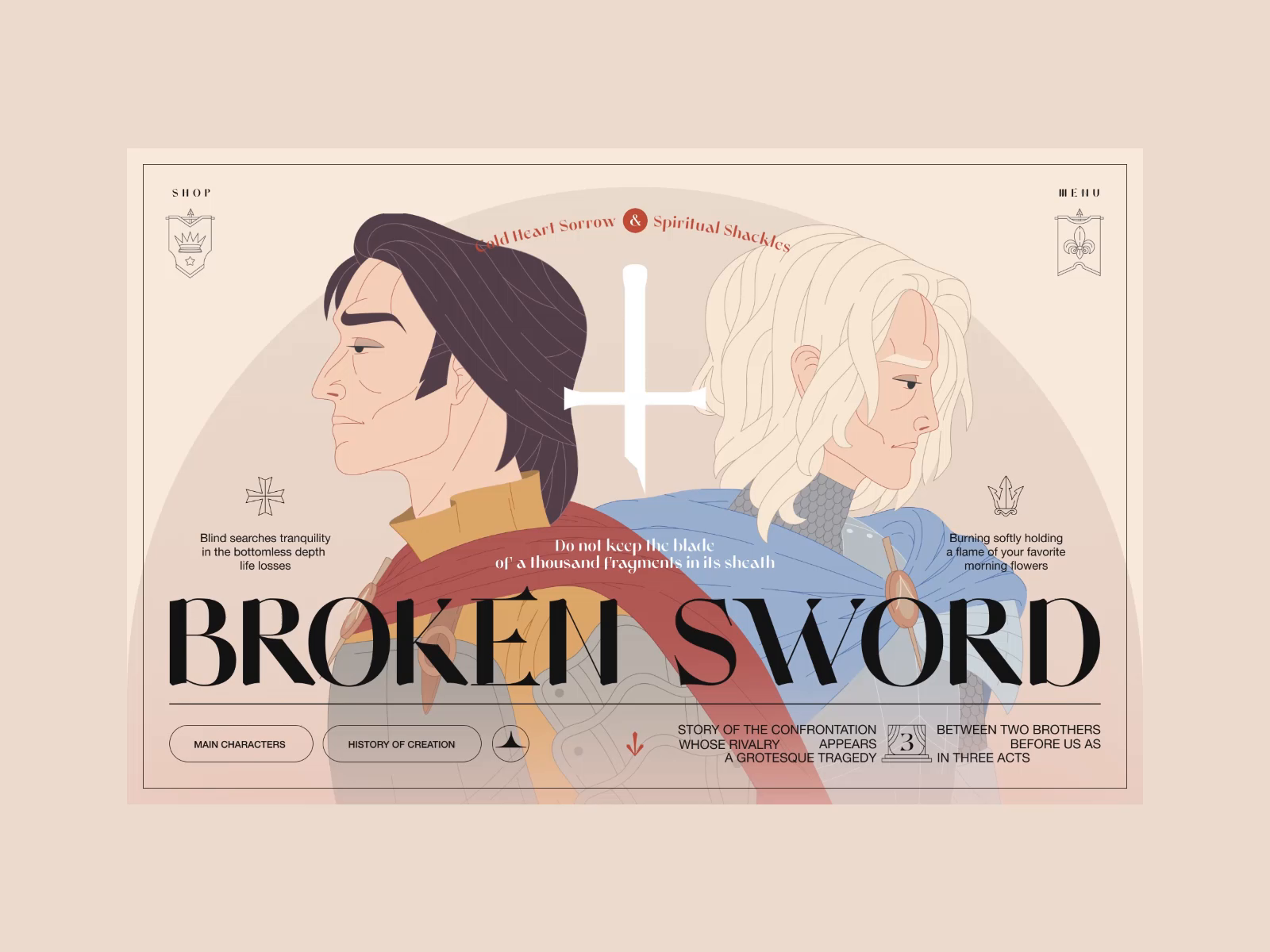 Broken Sword - Main Page broken sword design grotesque tragedy illustration novel personal project story of a confrontation ui ux ux-animation web