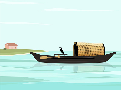 Boat on the river bird boat cormorant illustraion wupeng