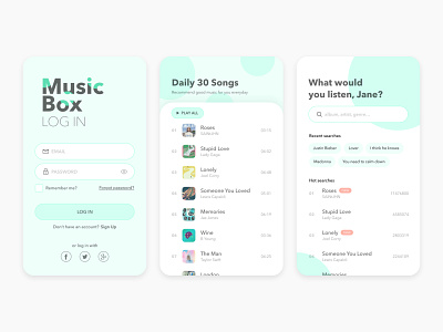 Musicbox app form list login search ui