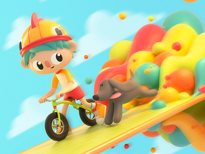 Boy & puppy 3d bike c4d character child design dog illustration pet render